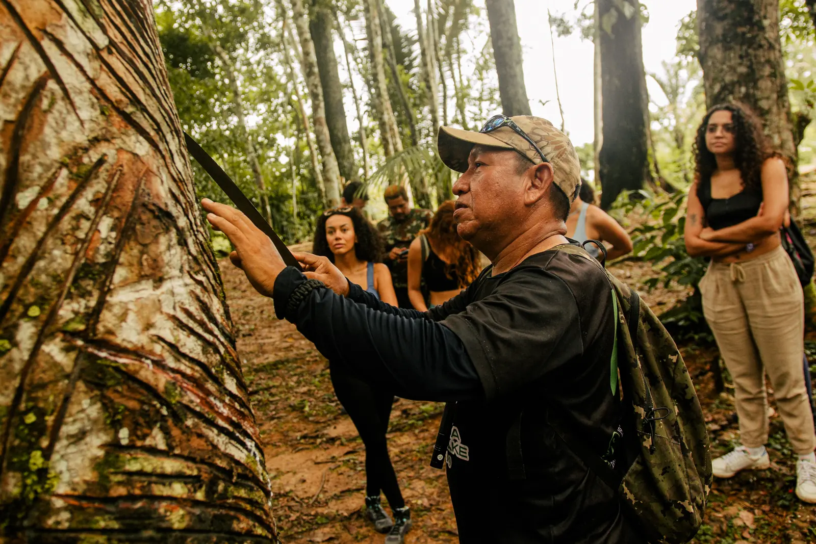 Guia local explicando ao grupo sobre a seringueira durante uma caminhada na floresta